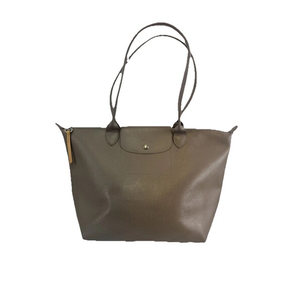 Longchamp Handbags - Longchamp Le Pliage City Tote Bag Taupe Leather Coated Canvas Zip Large Flap